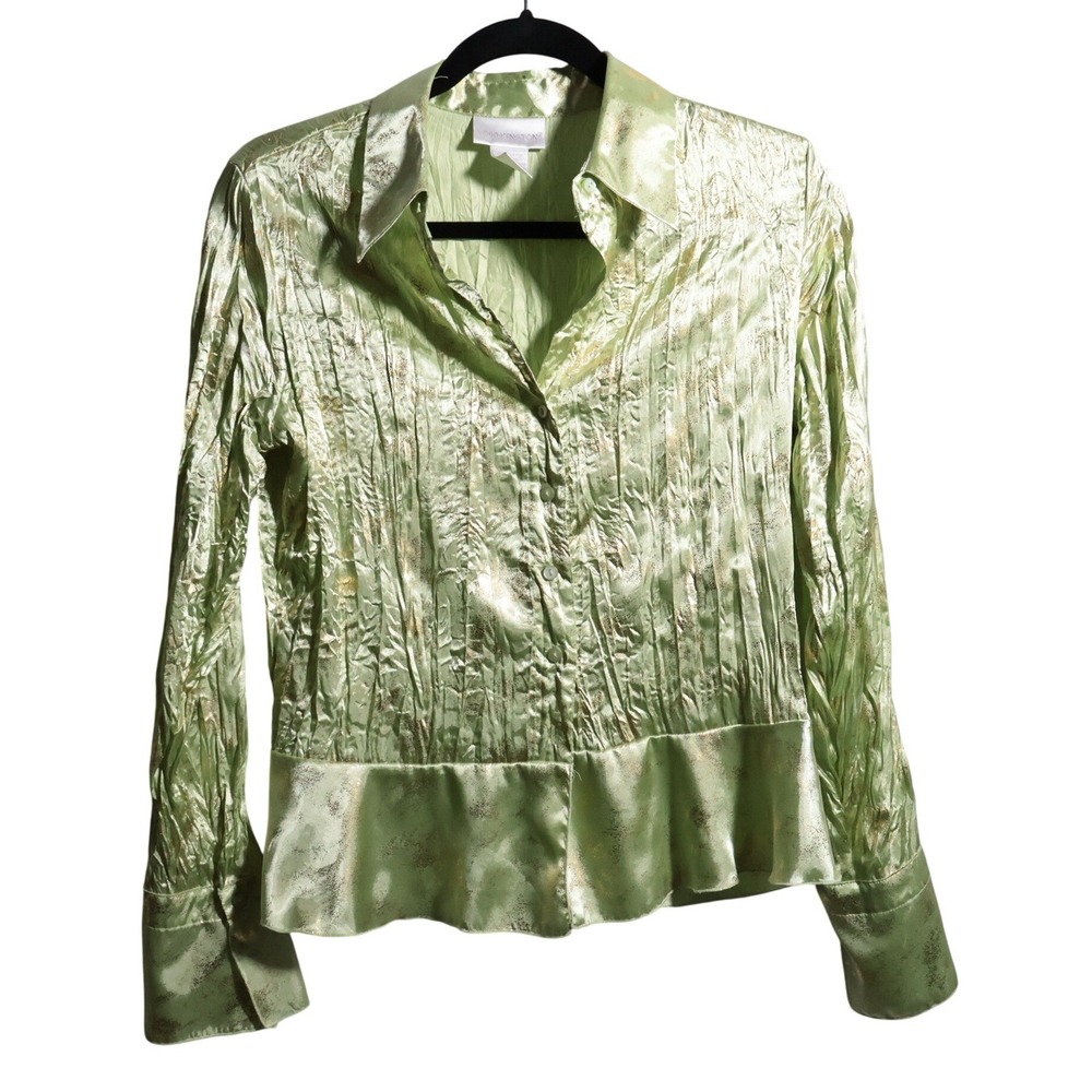 VTG Worthington Green Gold Satin Button Up Blouse Crinkle‎ Fairy Grunge Y2K M